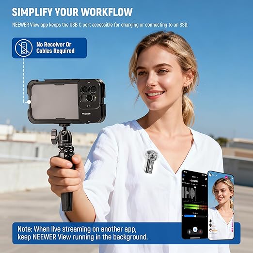 NEEWER KM23B Wireless Lavalier Microphone Bluetooth App Control, Compatible with iPhone Android Phone 8Hrs Battery Vocal Enhancement Noise Cancellation Volume Adjustment Low Cut for Streaming Vlogging