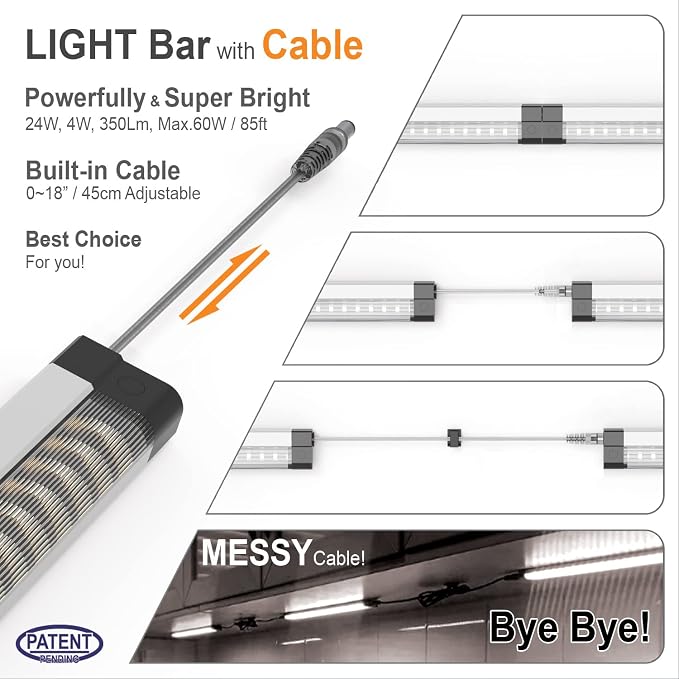 EBD Under Cabinet Lights Plug in 6 Pcs 12 Inch, Dimmable No Messy Wires Built-in Adjustable Cable Counter Lighting, 3000K 2700LM, 1 Pcs Extension Cables for Kitchen Home Office, Memory for Smart Plug.