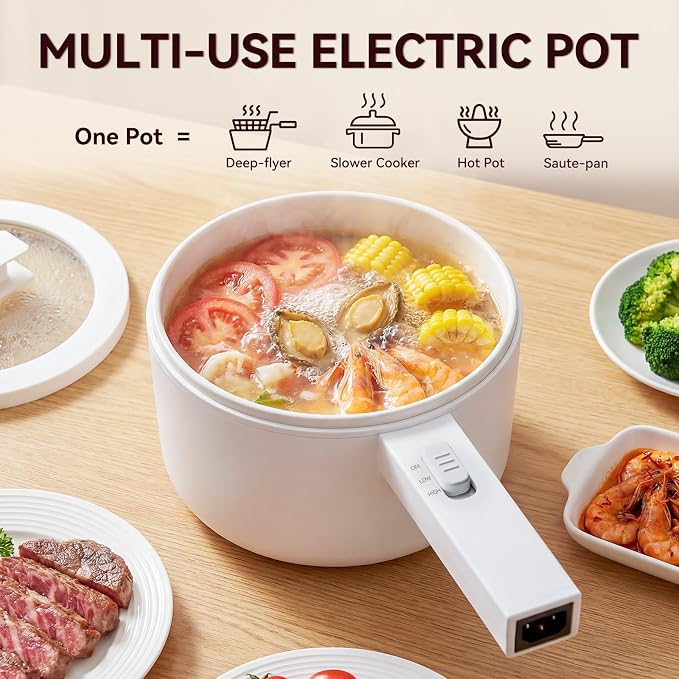 Electric Hot Pot, 1.5L Mini Hot Pot, Ceramic Glaze Non-stick Portable Pot, Electric Pot for Steak, Egg, Fried Rice, Oatmeal, Soup, Ramen with Dual Power Control, Electric Pot for Dorm