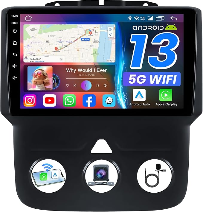 8 Core 4GB RAM Car Stereo Radio for Dodge Ram 1500 2500 2013-2018: Wireless CarPlay & Android Auto, 9 in 1280 * 800 Touchscreen GPS Nav Bluetooth Backup Camera 5G WiFi SWC FM