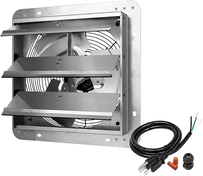 Simple Deluxe 12 Inch Wall Mounted Shutter Exhaust Fan, Aluminum, 1600 RPM, 940 CFM, for Attic, Garage, Louvered Vent, Plant, Greenhouse, Silver