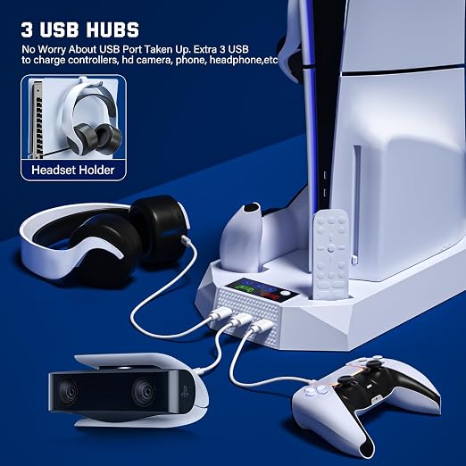 PS5 Slim Cooling Station with Controller Charging Station for PlayStation 5 Console Slim&Standard Disc/Digital, PS5 Cooling Stand Accessories with Cooler Fan/3 USB Hubs/Media&Headset Holder/Screw