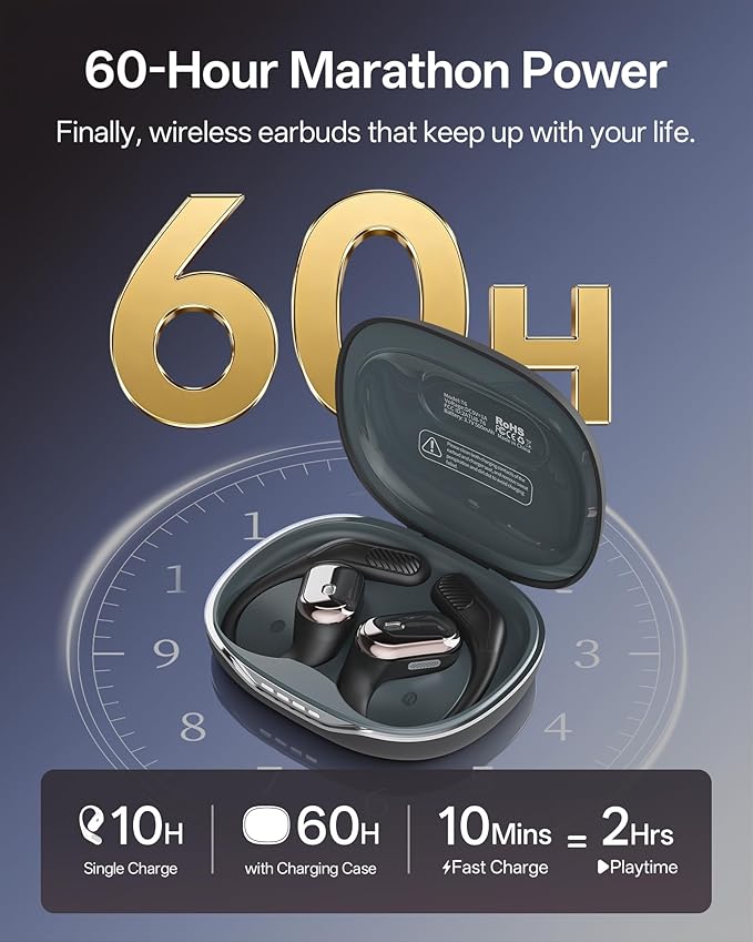 Open Ear Headphones, Over Ear Earbuds with Ear Hooks, True Wireless Bluetooth 6.0 Earphones with Mics, Stereo Sound, Ultra-Comfort, 60H Playtime, IPX7 Waterproof Ear Buds for Running Workout
