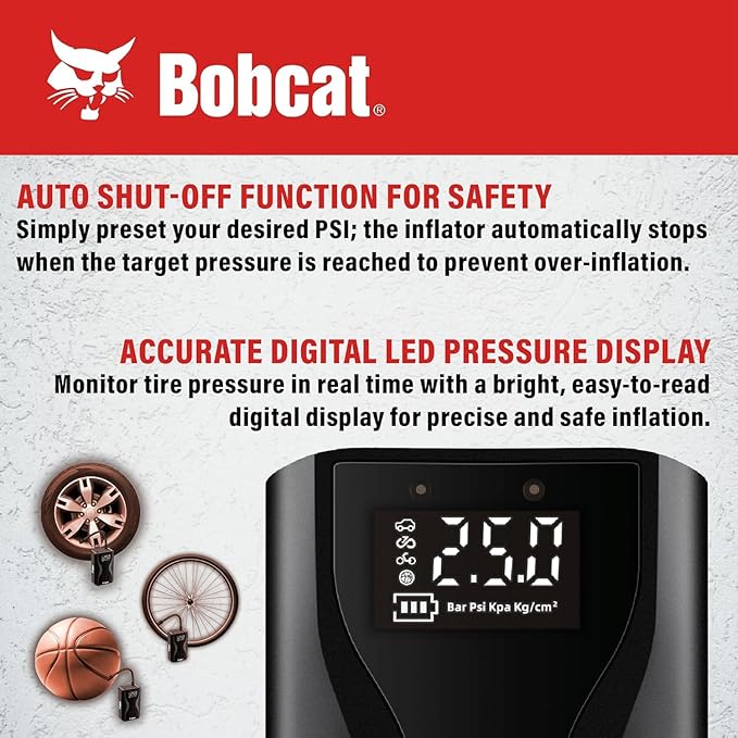 Bobcat Tire Inflator Portable Air Compressor 4000 mAh – 150 PSI - Fast Inflation Cordless Air Pump for Car Tires with Digital Pressure Gauge – Portable Air Pump for Car, Motorcycles, Bikes & Balls