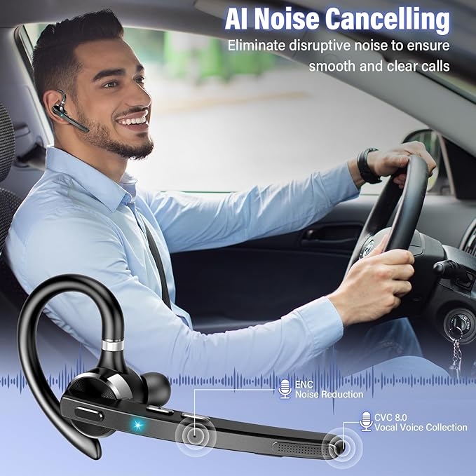 2026 Bluetooth Headset, Wireless Bluetooth 5.3 Earpiece, 90Hrs Single-Ear Headset with APTX HD Audio & Mute Button, Dual Noise Cancelling Mics, Hands Free Headphone for Trucker, Business, Gym, Grey
