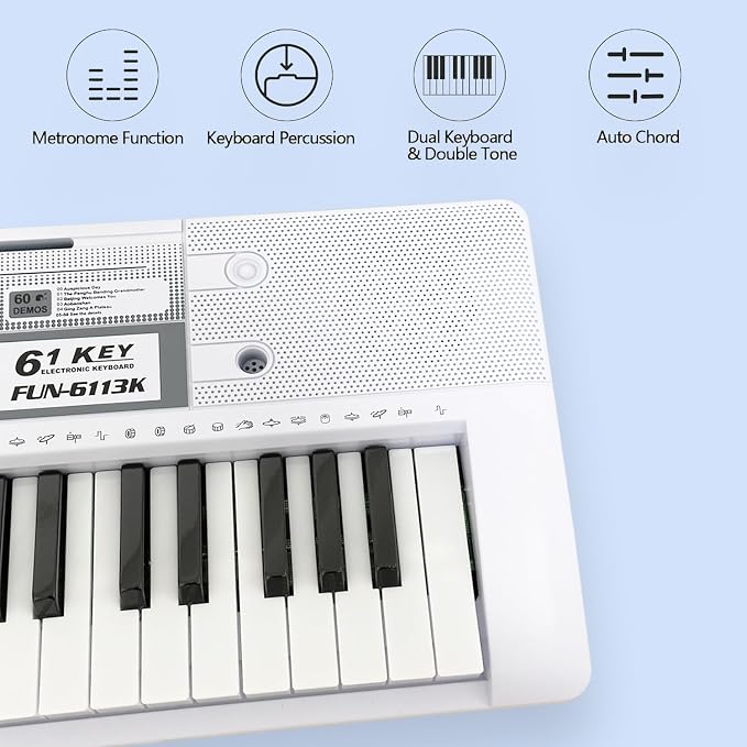 61 Key Electronic Keyboard Piano with Lighted Up Keys, Musical Mini Keyboard Piano with keyboard stand, Digital Portable Synthesizer Keyboards for Beginners Kids Adults (white)