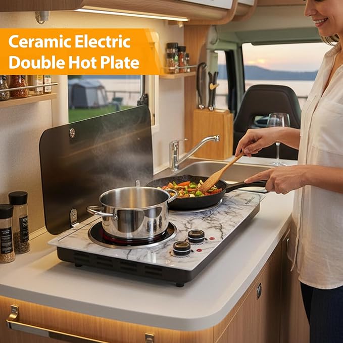 CUSIMAX Hot Plate, 1800W Double Burner Electric Hot Plate for Cooking, Dual Control Portable Infrared Stove Countertop Cooktop, Heat-up in Seconds, Stainless Steel White Marble