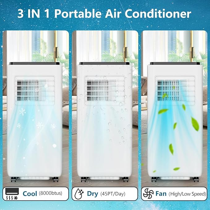 8000 BTU Portable Air Conditioners, 3-in-1 Portable AC Unit with Remote Control, Cool, Dehumidifier & Fan Modes for Rooms up to 350 sq.ft, Sleep Mode, 24-Hour Timer & Window Kit