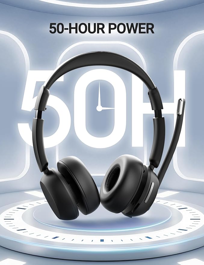 COSMUSIS Wireless Headset with Mic for Work, Bluetooth 5.3 Headsets with Microphone and Detachable Earpads, 50H Playtime with Charging Base, Noise Cancelling Headphones for Work with Mic Mute