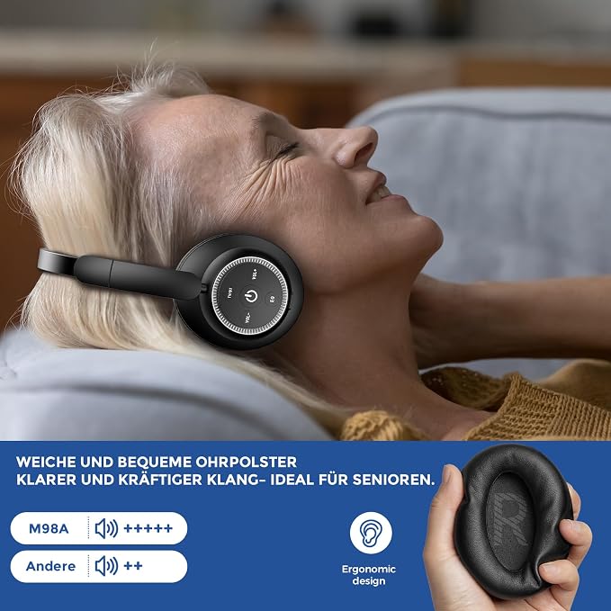 Wireless Headphones for TV Watching, TV Headphones Wireless for Seniors with Transmitter Charging Base, Support Optical,AUX,RCA and USB, High Volume No Audio Delay, Plug and Play, Black