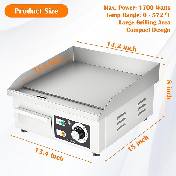 Electric Griddle 15.7"×14.2" 1700W Flat Top Grill Stainless Steel Teppanyaki Grill Countertop Flat Top BBQ Nonstick Plate Adjustable Temperature Control for Home or Restaurant Use