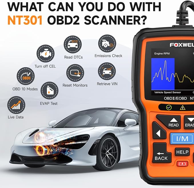 FOXWELL NT301 Plus 2 IN1 OBD2 Scanner Battery Tester + NT301 Code Reader Scan Tool Live Data Mechanic OBDII DiagnosticTool for Check Engine Light
