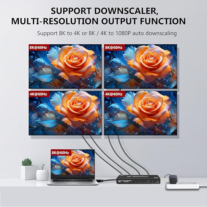 8K HDMI Splitter 1 in 4 Out,4k@120Hz 1X4 hdmi 2.1 Splitter Support 8k@60Hz,4:4:4,48 Gbps,EDID,Auto Down Scaler,8K & 4K or 1080P Sync HDCP 2.3, VRR, HDR10+ for PS5，Laptop,HDTV,Projector