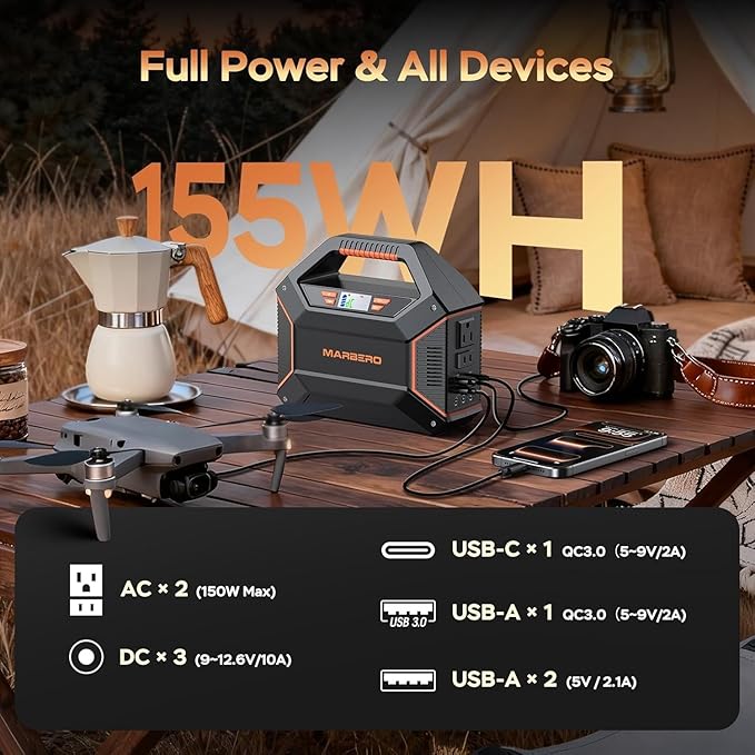 MARBERO 155Wh Solar Generator with Solar Panel Included 30W Portable Power Station 100W 150W Surge Multi-Output Solar Powered Generator Ultra Lightweight for Camping Emergency Blackout