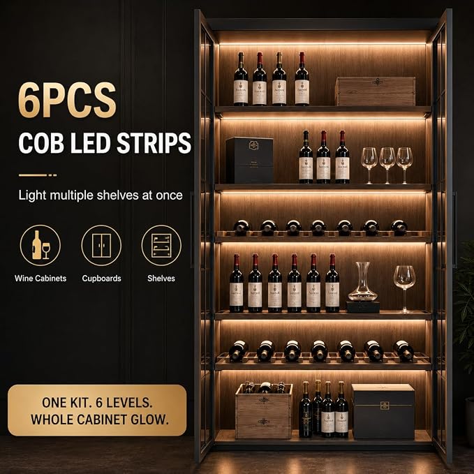 COB LED Strip Lights, 6 in 1 Dimmable Touch Control Under Cabinet Lights, 12V Under Cabinet Lighting Kit, Cuttable Self-Adhesive LED Strips for Display Cabinets, Wardrobes, Kitchen, Shelf Lighting