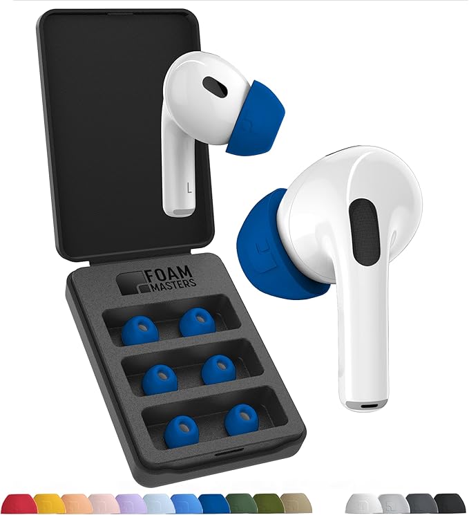Foam Masters Ultra-Premium Memory Foam Ear Tips for AirPods Pro 3rd Gen (2025) | 3 Pairs | New Ver. | Secure Fit | Super Comfort | Better Noise Cancel | Replacement Buds (Assorted S/M/L, Blue)