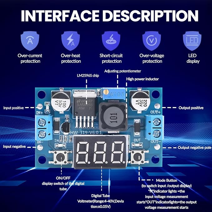 LM2596 Adjustable DC-DC Step-Down Buck Converter Module with LED Voltmeter Display, Voltage Regulator 4.0-40V Input to 1.25-37V Output Power Supply Module (Pack of 2)