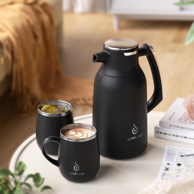 IDEUS Thermal Coffee Carafe, Stainless Steel Double Wall Insulated Vacuum Flask, Water Jug Coffee Server and Beverage Dispenser, Heat and Cold Retention (Black, 68, Fluid Ounces)