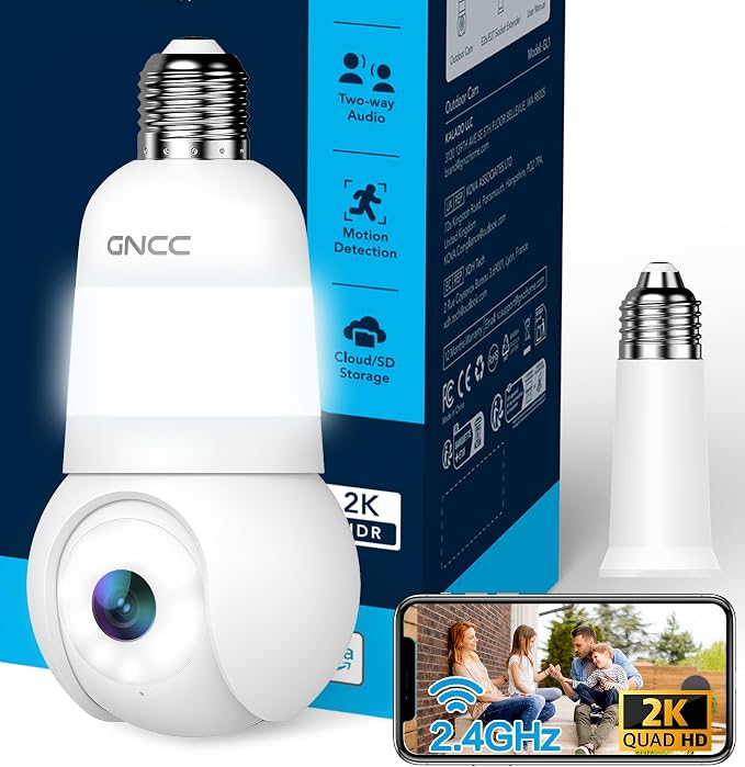 GNCC 2K Light Bulb Security Camera, 2.4G WiFi, Cloud Subscription Required | Easy Install, 350° Pan-Tilt, Motion Detect, 2-Way Audio, Color Night Vision, Light Bulb Timer, Dual Flexible Storage Options