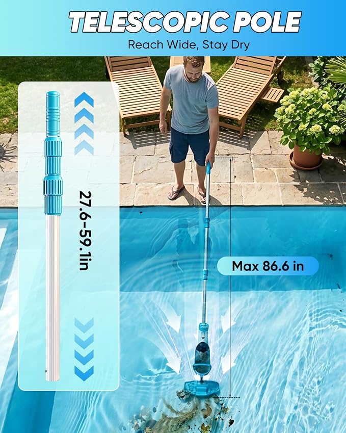 Saker Handheld Pool Vacuum for Above Ground Pool, Cordless Pool Cleaner with Telescopic Pole, 18.5 GPM Powerful Suction, 60-Min Runtime Rechargeable for Inground Pools, Spas, Hot Tubs