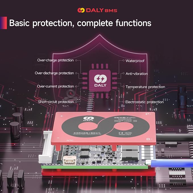 DALY 4S-16S BMS 15A to 200A Protection Board with Balance Wire and Temperature Sensor for Lithium Battery Pack（Li-ion 7S 24V,60A）