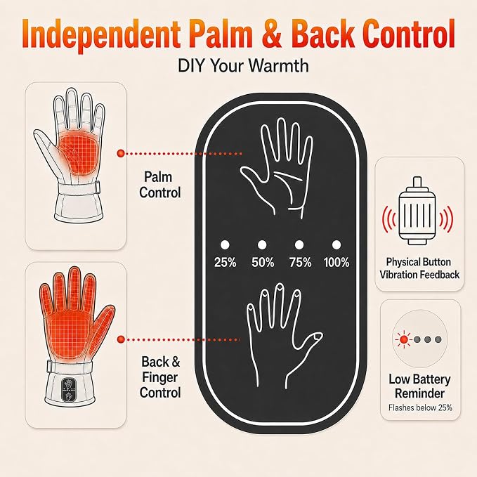 CUEHEAT Heated Gloves, Palm & Back Double Heating, Winter Outdoor Windproof Warm Thick Gloves, Battery-Powered Hand Warmer