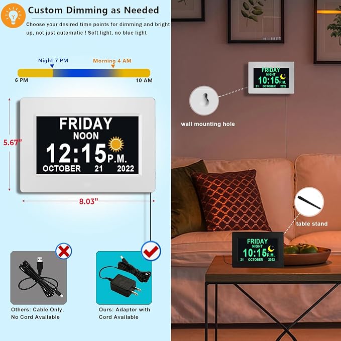 MASSII Dementia Clock with Date Time Voice Announcement, 27 Alarms Custom Reminders, Sleep Trainer, Auto DST, 10 Levels Night Dimmer, Large Talking Digital Calendar Clock for Elderly with 1.5M Adaptor