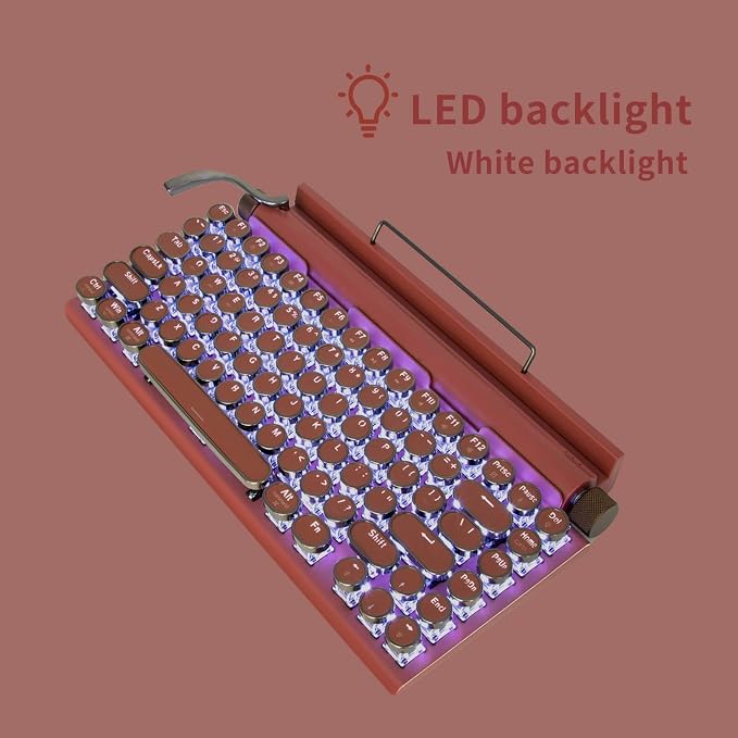 Adventurers Retro Typewriter-Style Mechanical Keyboard, 83 Keys, 75% Compact Layout, Bluetooth 5.0 and Wired, Hot-Swappable Blue Switch, White Backlit for Windows/Mac/iPad/PC/Laptop (Rose Red)