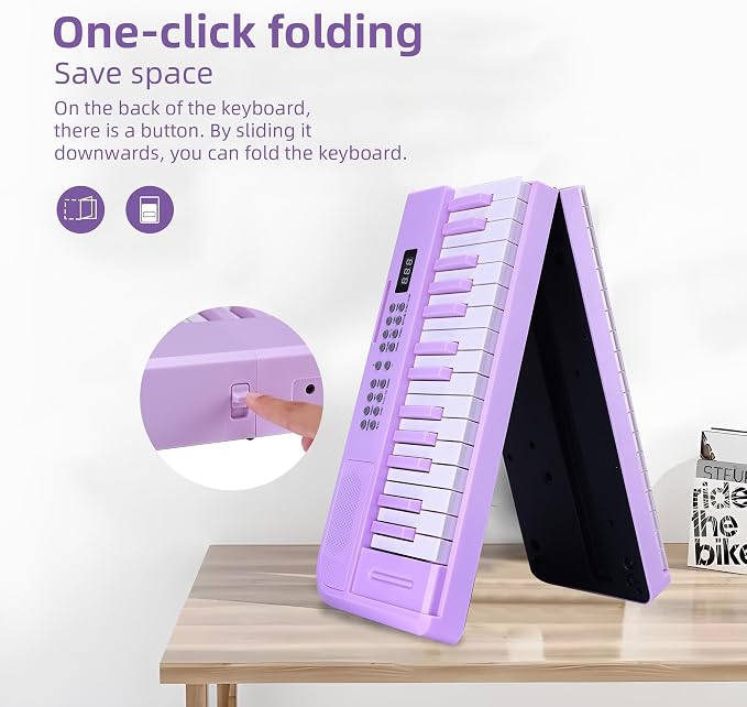 ADM 61 Key Folding Electric Piano Keyboard, Foldable Electronic Keyboard, Wireless 128 Tones, 128 Rhythms Includes Pedal, Gig Bag, Headphones for Beginners, Students, Teenagers, Adults, Purple