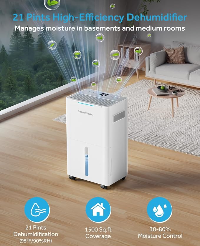 Dehumidifier for Home Bedroom & Bathroom, Basement & Large Room, Color-Changing Humidity Light, Quiet 40dB, Continuous Drain Hose, 3 Modes, Auto Humidity Control (White, 1,500 Sq.Ft)