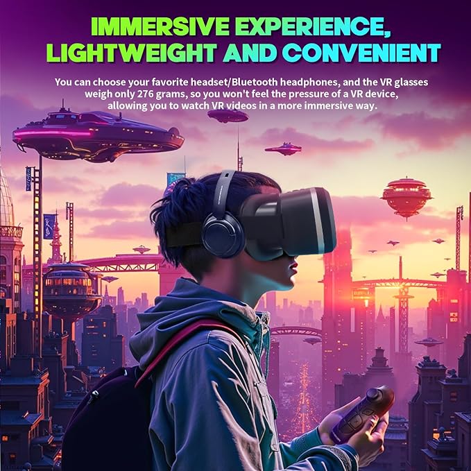 VR Headset with Bluetooth Remote for 4.7-7" iPhone & Android Phones, HD Aspheric Lenses, Adjustable Focus & Pupil Distance, Heat Dissipation Design