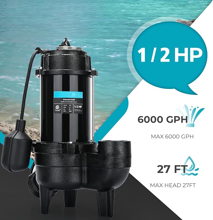 LEO 1/2 HP Sewage/Effluent Pump, 6000 GPH Submersible Basement Sewer Pump with 10ft Auto Float Switch, Cast Iron Sump Ejector, 2'' NPT for Sewage Basin, 115V