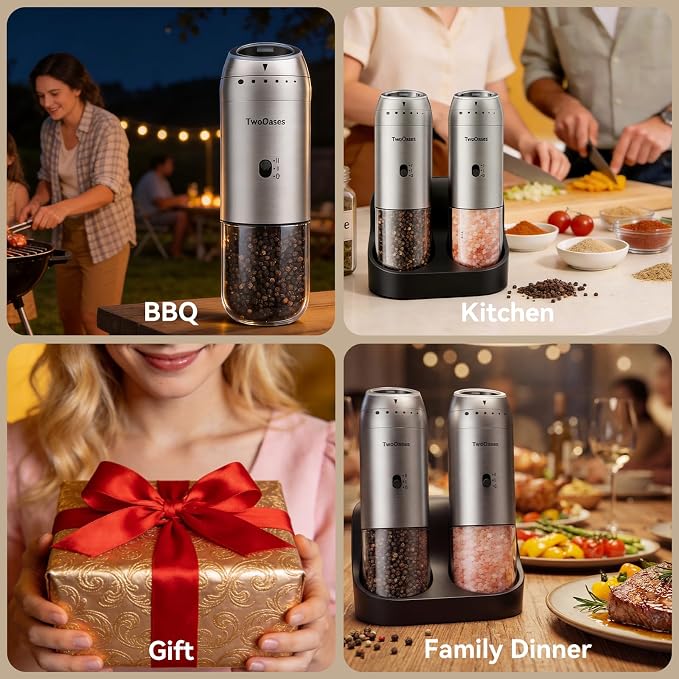 Electric Salt and Pepper Grinder Set, Automatic Gravity Pepper Grinder with Charging Base, Rechargeable Stainless Steel Spice Mill, Adjustable Coarseness, Dual-Speed Control, LED Light, Large Capacity
