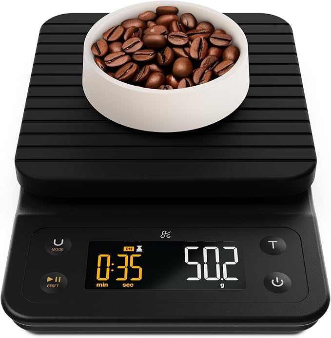 Greater Goods Coffee Scale with Timer, 0.1g Precision Digital Espresso & Pour Over Scale for Chemex, V60, Drip & Matcha Weighing, Waterproof Silicone Cover, 6.6lb Barista Brew Capacity (Onyx Black)