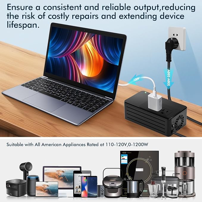 1600W 220V to 110V Voltage Converter, Power Any American Appliances in 220-250V, No Limitations, Plug & Play, Universal Power Adapter Voltage Converter US to Europe International Travel