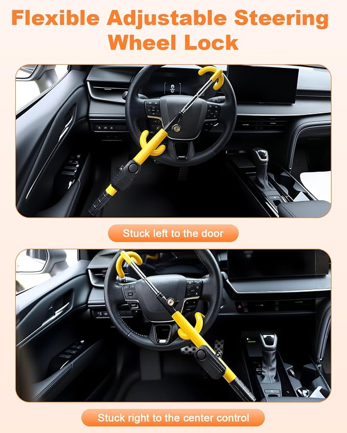 ELECTOP Steering Wheel Lock with Alarm 113db Anti Theft Car Device Double Hooks Car Lock with Adjustable Locking and 2 Key Car Alarm System with Motion Sensor Universal Fit for Vehicle Truck Van SUV