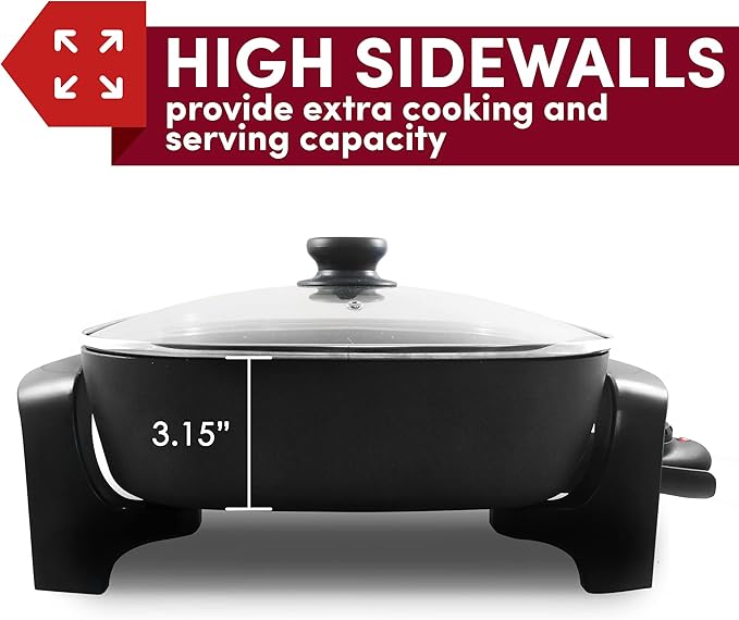 Elite Gourmet Extra Deep 16"x13" and 12"x12" Electric Skillets Bundle with Glass Lids, Adjustable Temp, Nonstick Coating