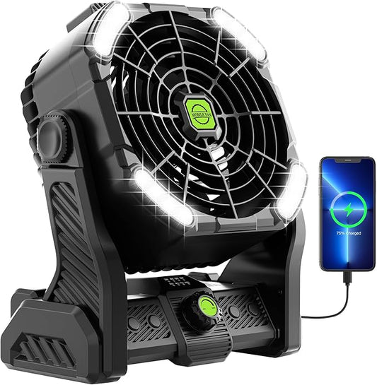 Battery Powered Fan, 20000mAh Coldless Fan Rechargeable Fan Portable,270°Head Rotation Camping Fan with LED Light & Hook,Quiet USB Table Fan Battery Operated Fan Camping Fan for Tents Black X26