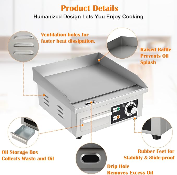 Electric Griddle 15.7"×14.2" 1700W Flat Top Grill Stainless Steel Teppanyaki Grill Countertop Flat Top BBQ Nonstick Plate Adjustable Temperature Control for Home or Restaurant Use