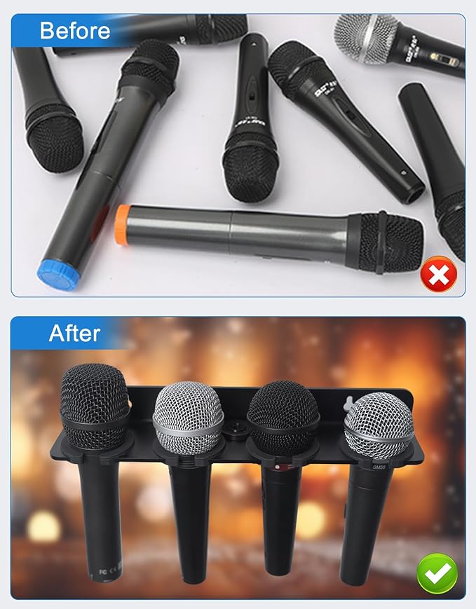 Multi Microphone Holder for Wired and Wireless Mics, Hold Up to 4 Mics, Multiple Mic Organizer Storage for Mic Stand, Rubber Padding/Wall Mounted or Mounted to 5/8"-27 or 3/8"-16 threaded Stands