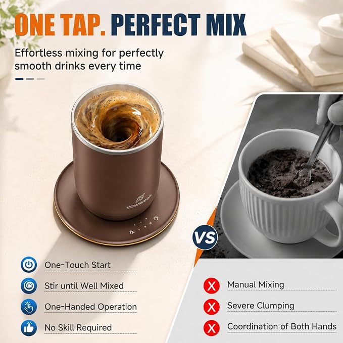 Self Stirring Heated Coffee Mug, 10 oz Auto Magnetic Mixing Cup, MochaBrown | 304 stainless steel interior. Includes 3 heat settings, 8H auto shut-off, plug-in base for home office desk