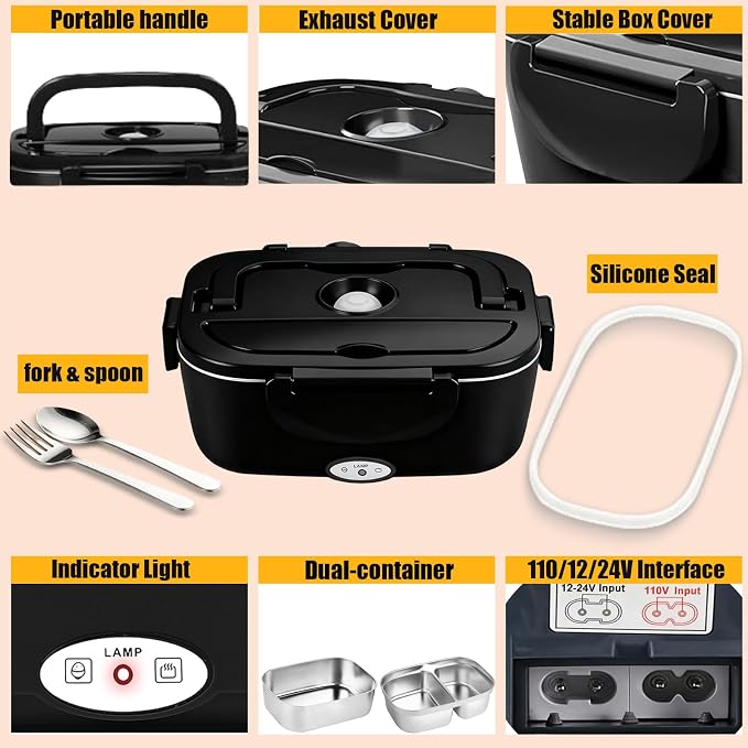 Electric Lunch Box for Adults, 80W Fast Heating Heated Lunch Box, 1.5L Dual 304 Stainless Steel Portable Food Warmer, 12/24/110V for Car Truck Work Travel, Lonchera Eléctrica Portátil(Black)