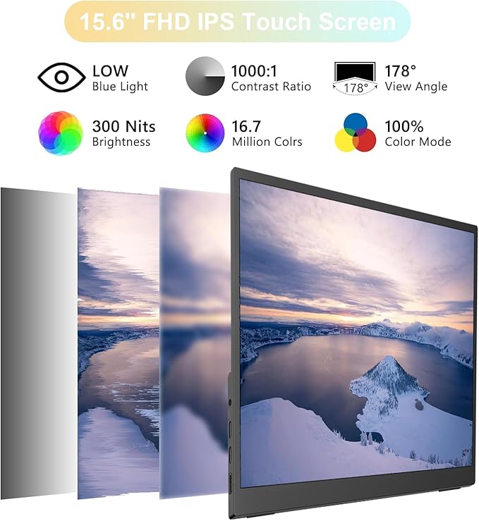 IBW 15.6" Portable Monitor Touchscreen, 1080P FHD IPS Travel Monitor with Tempered Glass, 10-Point Touch, Dual Speakers & Kickstand, USB-C HDMI External Monitor for Laptop MacBook Phone PS5 Switch