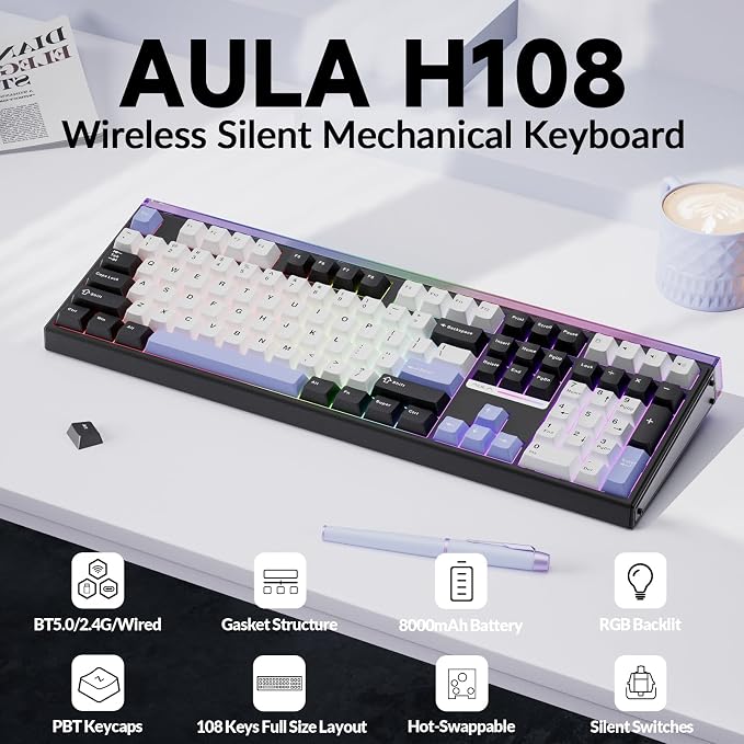 Aula H108 Wireless Mechanical Keyboard, Hot Swappable Silent Keyboard, Full Size Keyboard with Number Pad, Gasket Structure, RGB Backlit Computer Gaming Keyboard with PBT Keycaps for PC/Office