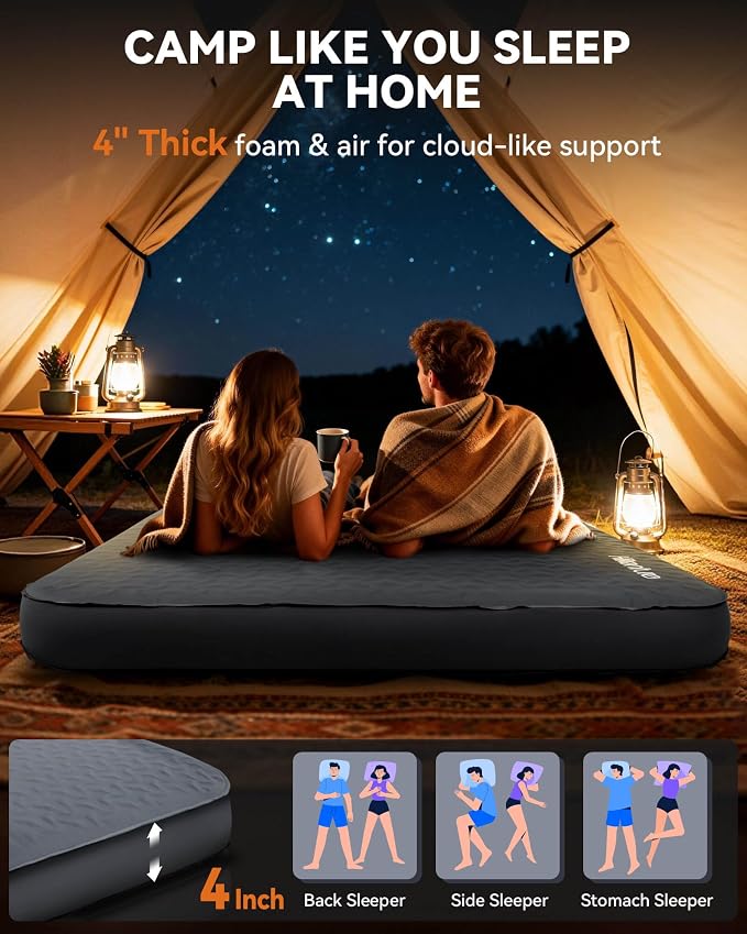 Hikenture 4" Thick Self Inflating Sleeping Pad, Foam & Air Camping Mattress, 9.5 R-Value Insulated Sleeping Mat, Portable All Season Camping Pad for Tent, Car, Cot, Truck