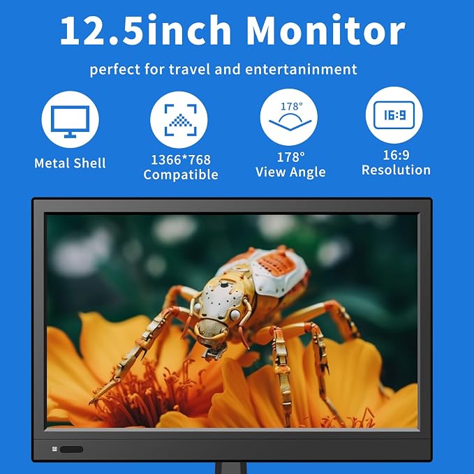 Jexiop 12.5 inch Security Monitor,Small Monitor with Speaker,Remote Control/HDMI/VGA/BNC/RCA Interfaces in for Home | Office | Warehouse Surveillance | RV