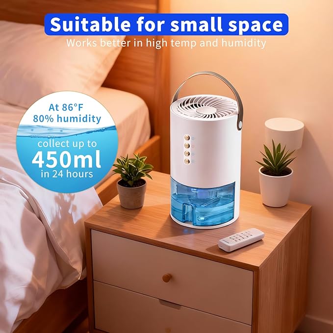 Dehumidifier for Home, 60 Oz | Small Portable Design, For Basement, Bedrooms, Bathrooms, Closets, RVs, Automatic Shut-off, Color Indicator Lights