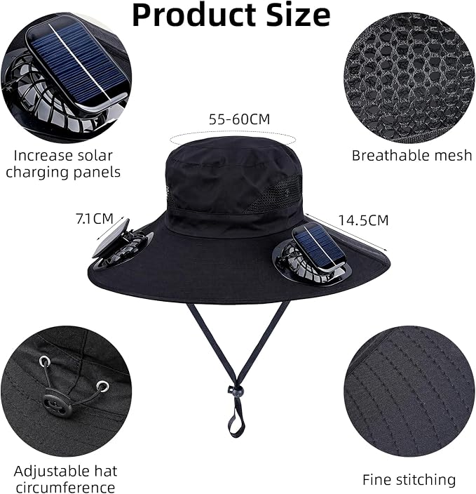 Solar Fan Hat, Wide Brim Hat with 2 Removable Fans Solar Power, Sun Bucket Fishing Hat for Men Women Outdoor Hiking Camping Gardening, UPF 50+ Sun Protection Waterproof Black