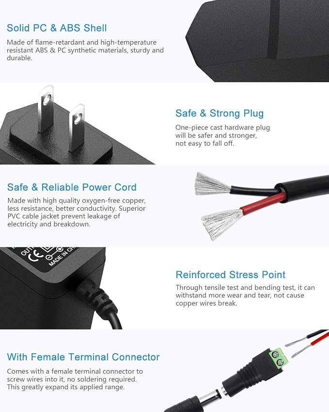 ALITOVE 12V 1A Power Supply Adapter AC 100-240V to DC 12 Volt 12W 1000mA Converter 4.92Ft Cord with 5.5 x 2.5mm 2.1mm Tip for Wireless Router CCTV Camera DVR NVR Surveillance System LED Strip (2 Pack)
