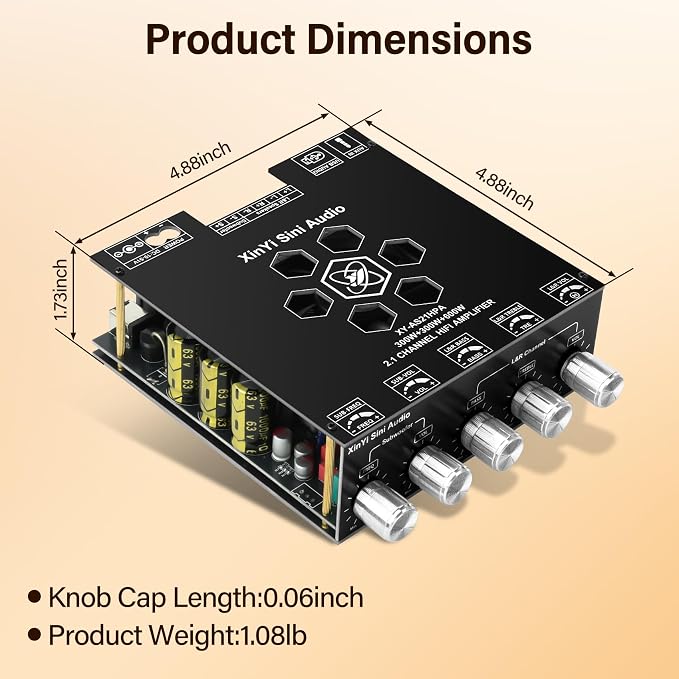 Daakro AS21HPA 2.1 Channel Bluetooth Amplifier Board, 300W*2+600W Peak Power Home Audio Amplifier Board, Amp Wide Voltage Input 19-51V,Supports USB/AUX/BT Input for DIY Wireless Speaker
